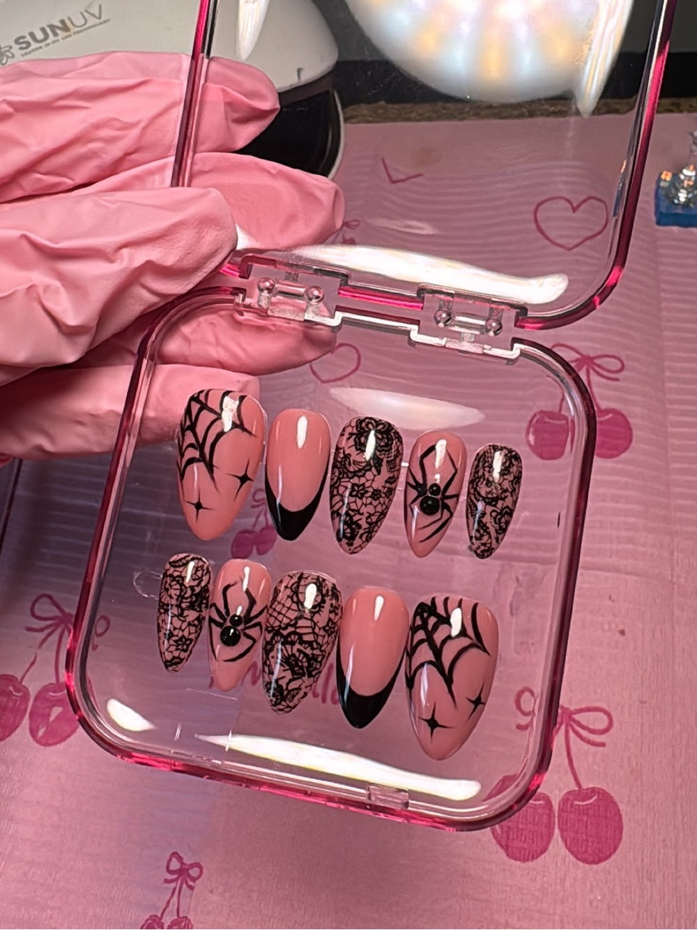 Halloween Press-On Nails | Black Lace Spider Set | Medium 🕷️